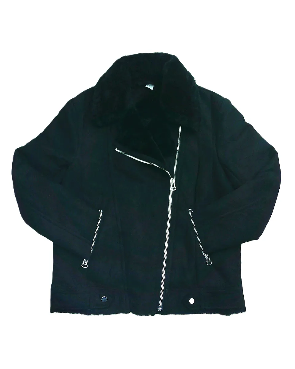 H&M Damen Jacke Wildlederoptik Kunstfell Bikerjacke Schwarz Gr. 34 / XS-S