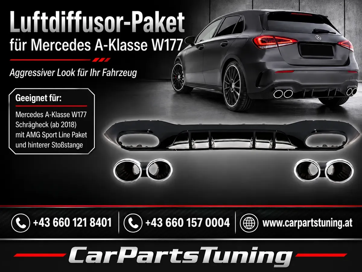 Heckstoßstange Volant Diffusor passend für Mercedes A-Klasse W177 Schrägheck (ab 2018) Chrom Auspuff Schalldämpfer Spitzen