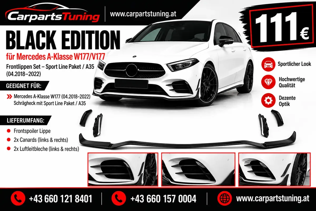 Stoßstangen-Lippenverbreiterung vorne passend für Mercedes A-Klasse W177 V177 Sport-Line / A35 (04.2018-2022) Schwarz